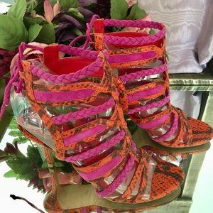 Brian Atwood Orange & Fuchsia Gladiator High Heels